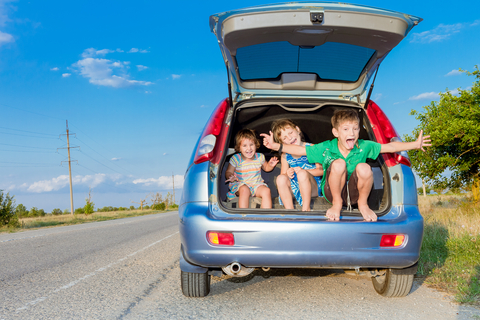 happy kids in car, family trip, summer vacation travel