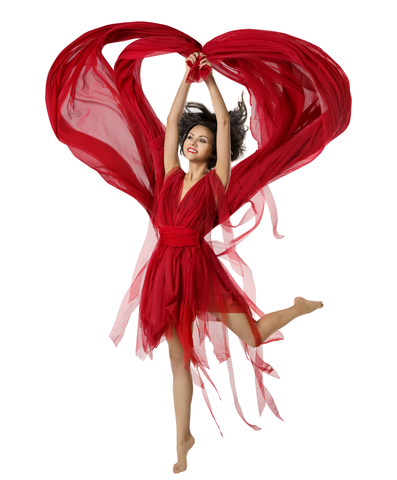 Woman Dancing With Heart Shaped Fabric Cloth, Girl Red Dress