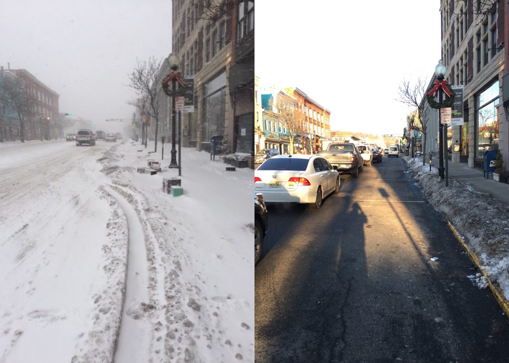 Westbound Bloomfield Avenue before and after plowing